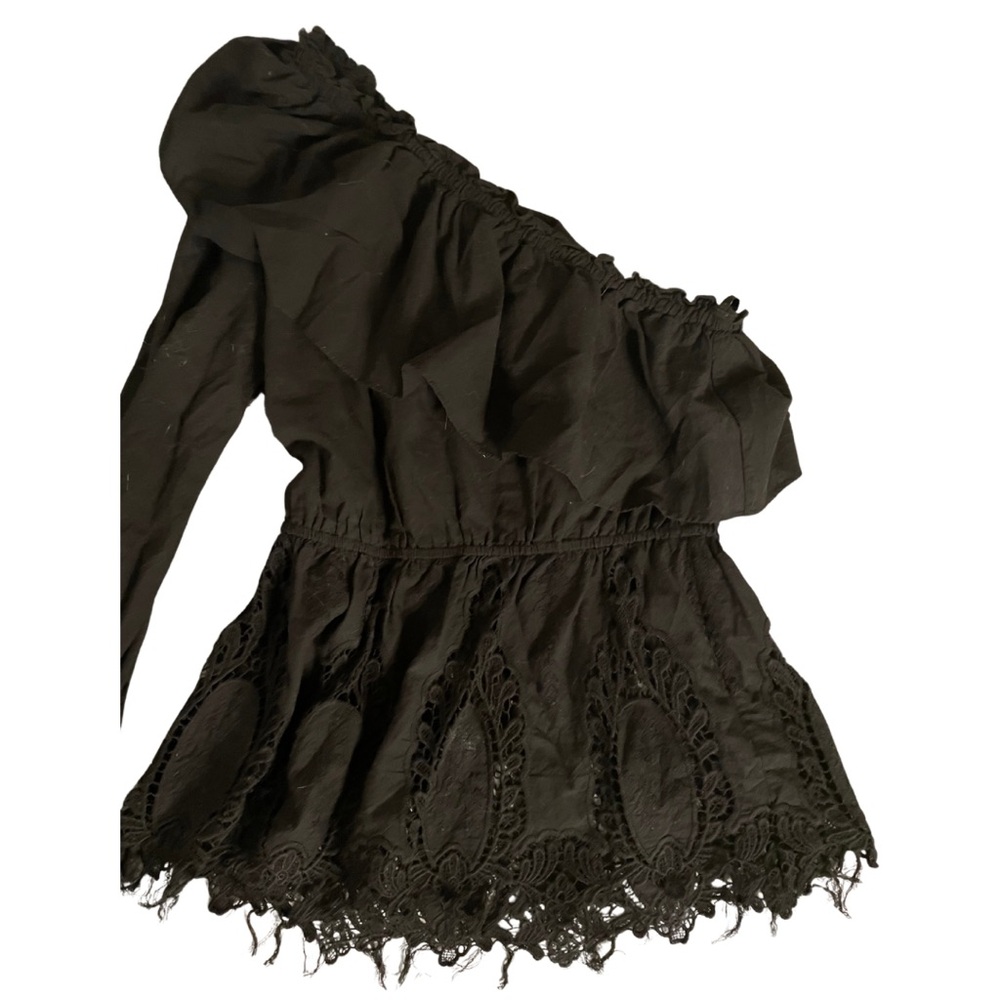 BCBGMaxAzria Black Ruffle Lace One-Shoulder Top - Picture 3 of 4